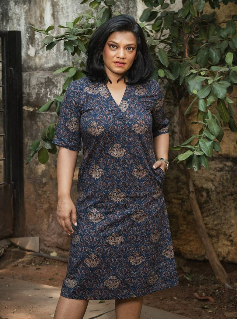 Iris Blue and Gold Cotton V Neck Shift Dress - Main Image