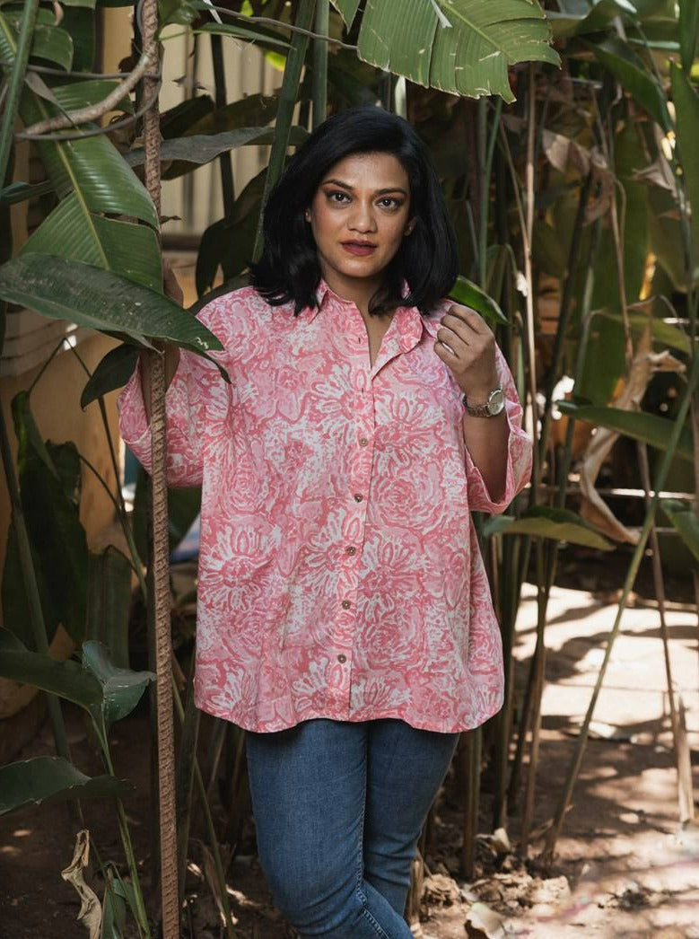 Pink Printed Free Size Handloom Cotton Shirt