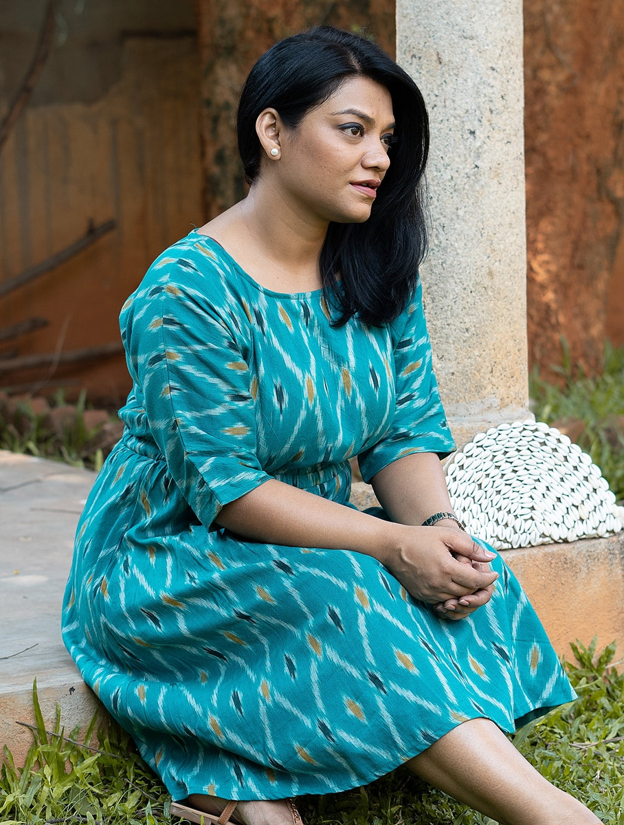 Teal Handwoven Ikat Cotton A Line Dress