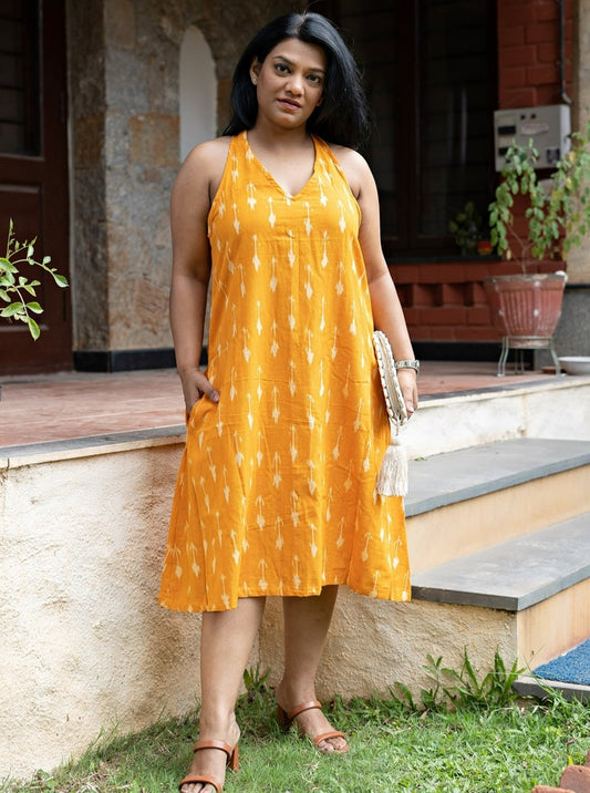 Marigold Orange Handwoven Ikat Halter Cotton Dress