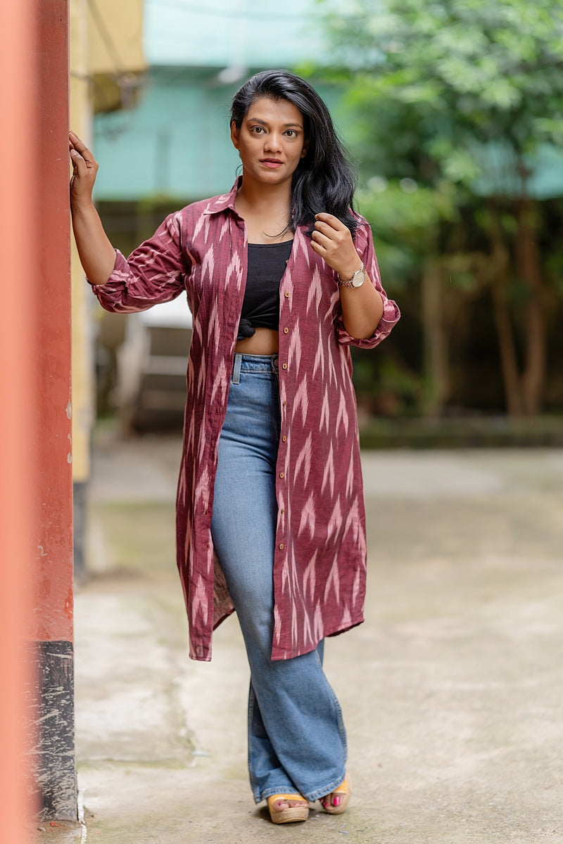 Anemone Maroon Handwoven Ikat Cotton Shirt Dress