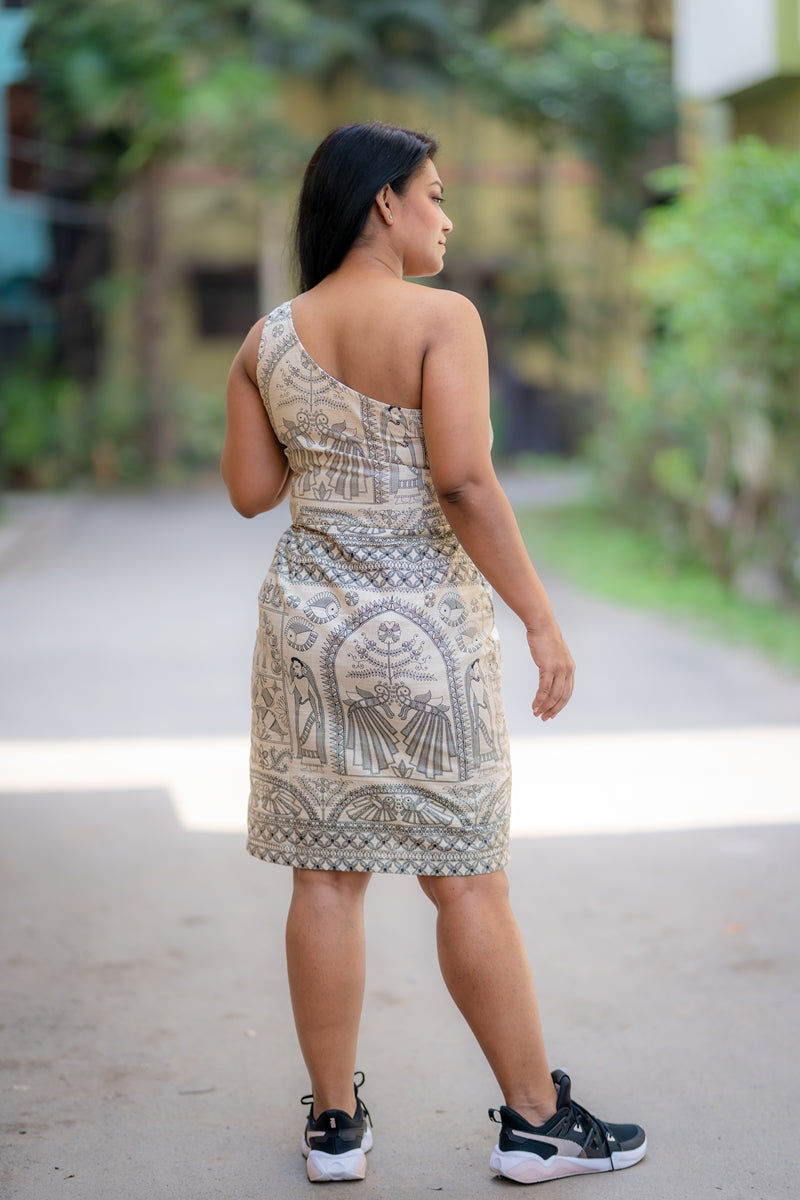 Off White Madhubani Cotton Silk One Shoulder Sheath Dress