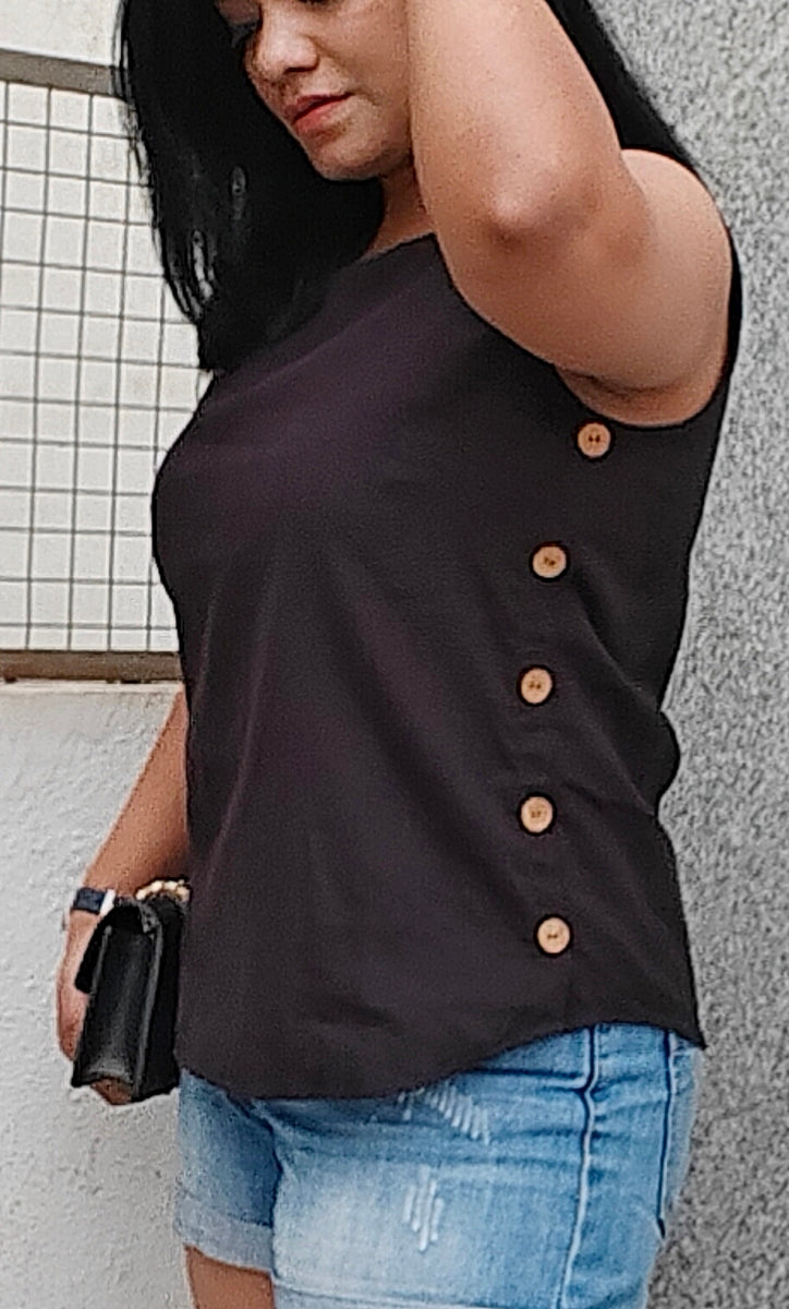Kalo Black Linen Cotton Shell Top with Side Buttons