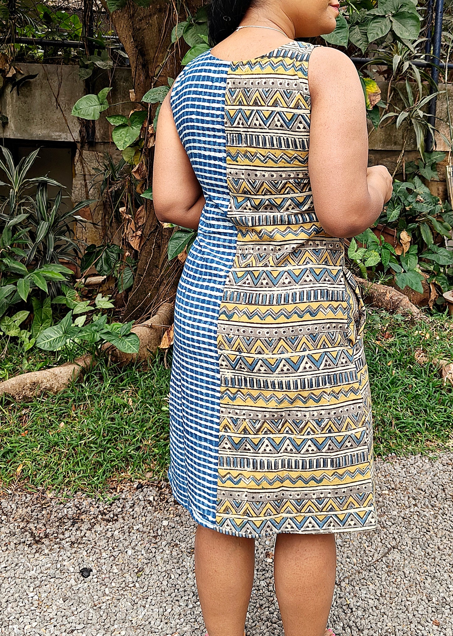 A Twisted Indigo and Mustard Handwoven Cotton Shift Dress