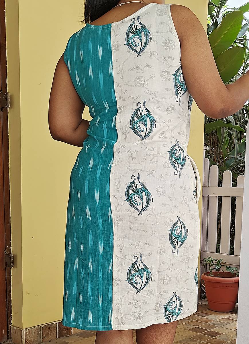 White and Teal Handwoven Cotton Shift Dress