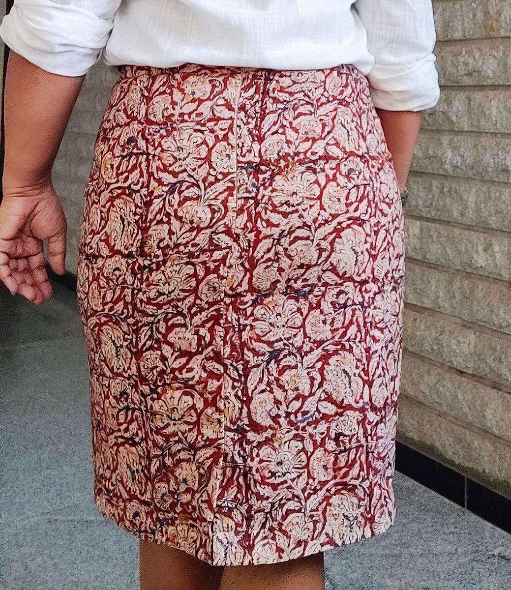 Red Kalamkari Hand Block Printed Cotton Pencil Skirt