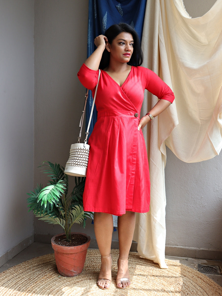 Buy DressBerry Blue Self Design V-Neck Puff Sleeves Wrap Dress Buy DressBerry Blue Self Design V-Neck Puff Sleeves Wrap Dress
