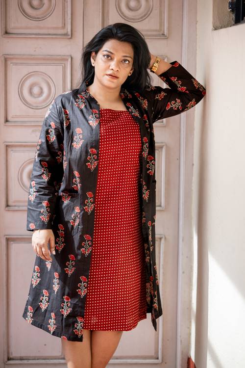 Black and Red Printed Cotton Set of Two Dresses