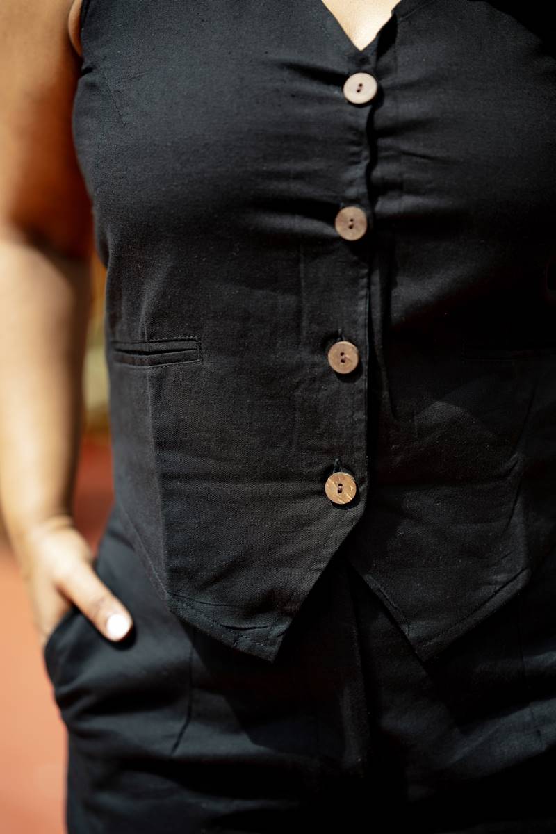 Co-Ord Set Black Handloom Waist Coat and Wide Leg Pants