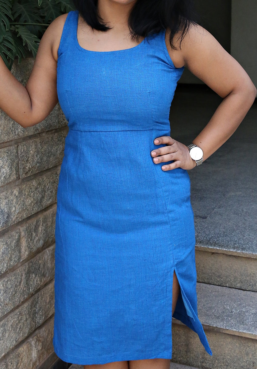 Blue Handloom Cotton Sheath Dress