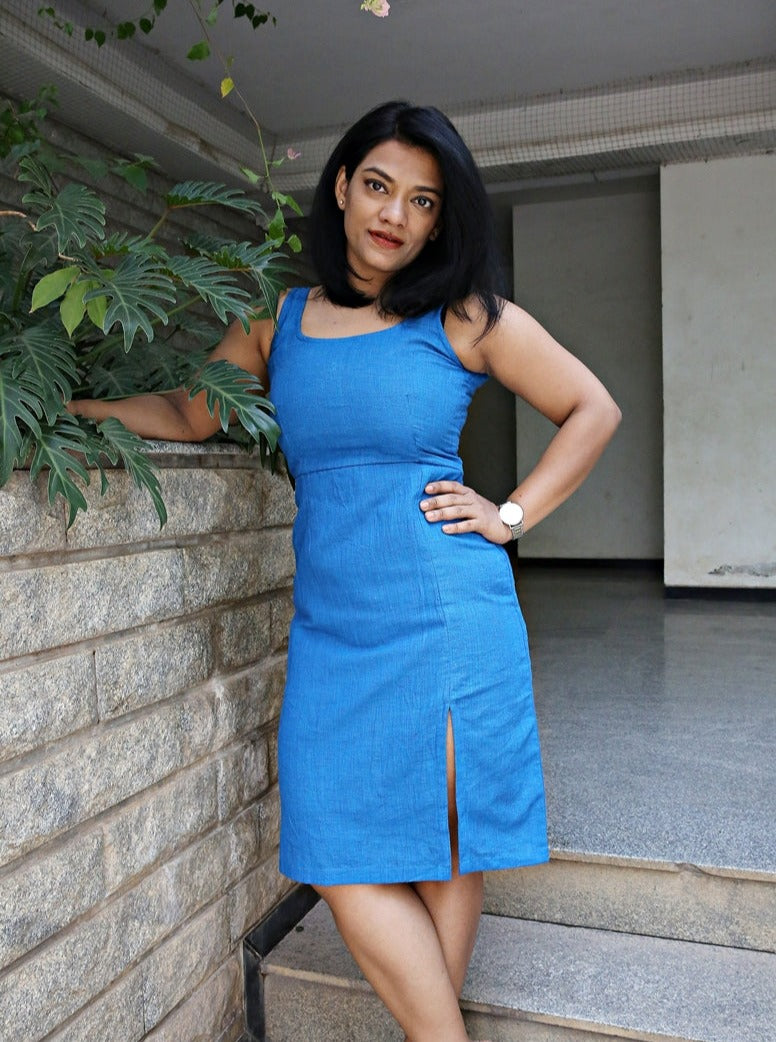 Blue Handloom Cotton Sheath Dress Blue Handloom Cotton Sheath Dress
