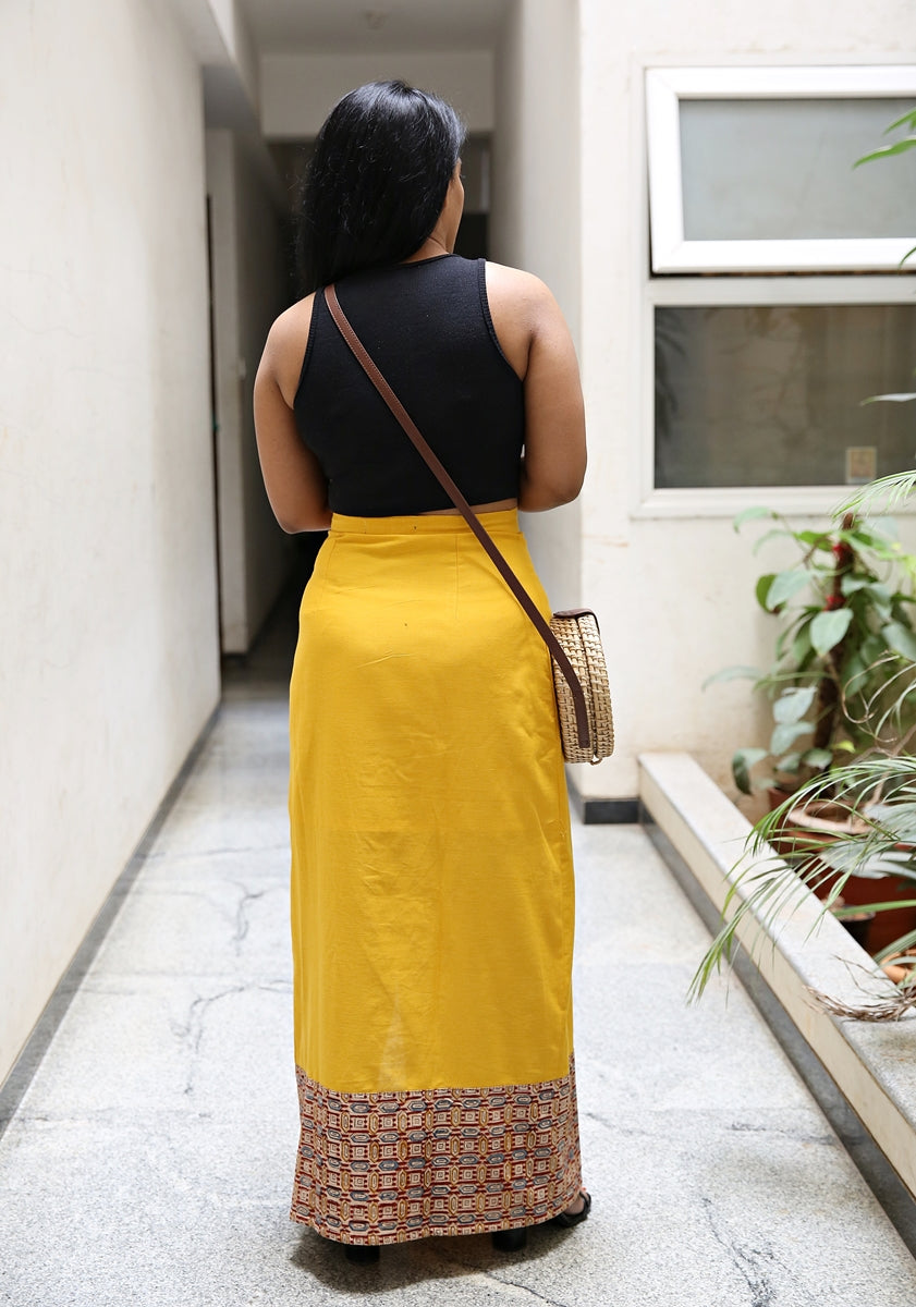 Mogra Yellow Handloom Cotton Maxi Skirt With Block Printed Border
