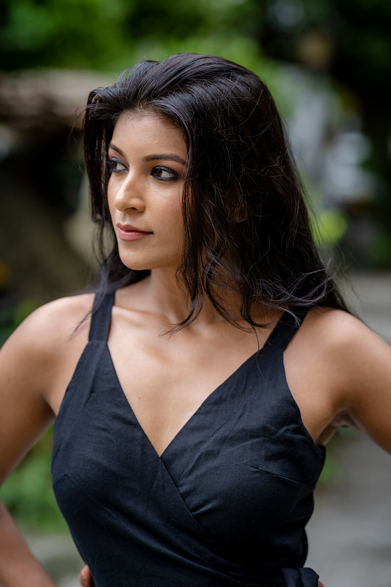 Black Handloom Cotton Wrap Top