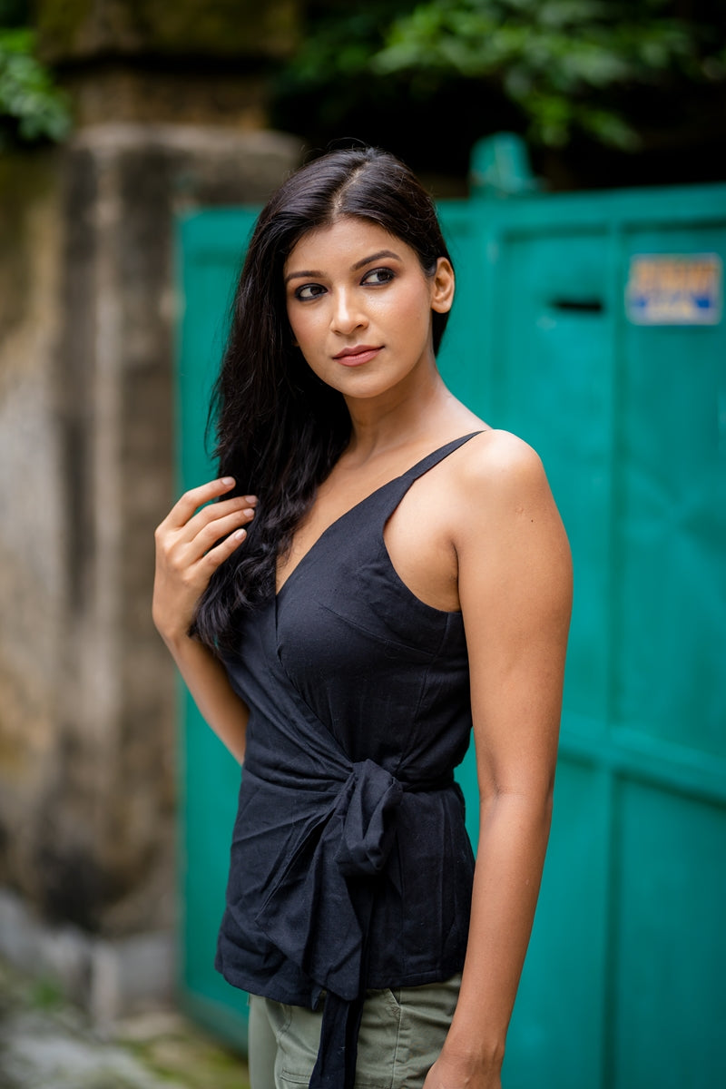 Black Handloom Cotton Wrap Top