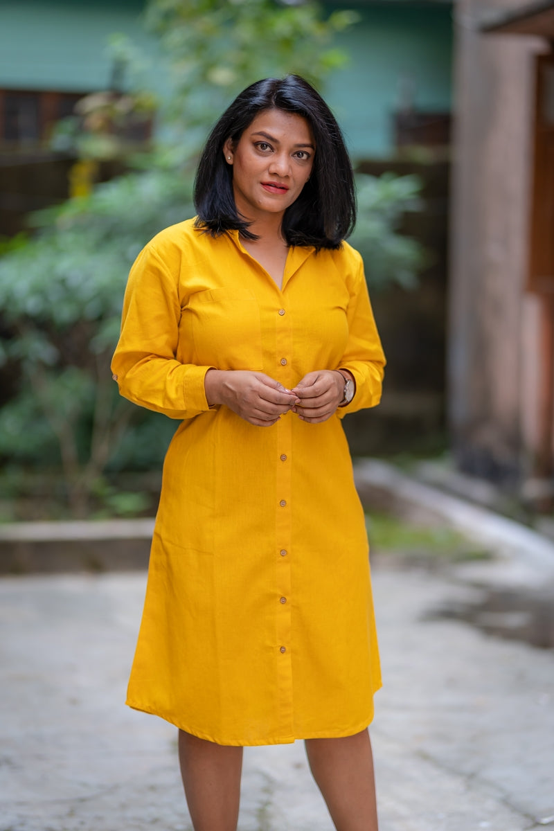 Yellow Handloom Cotton Shirt Dress