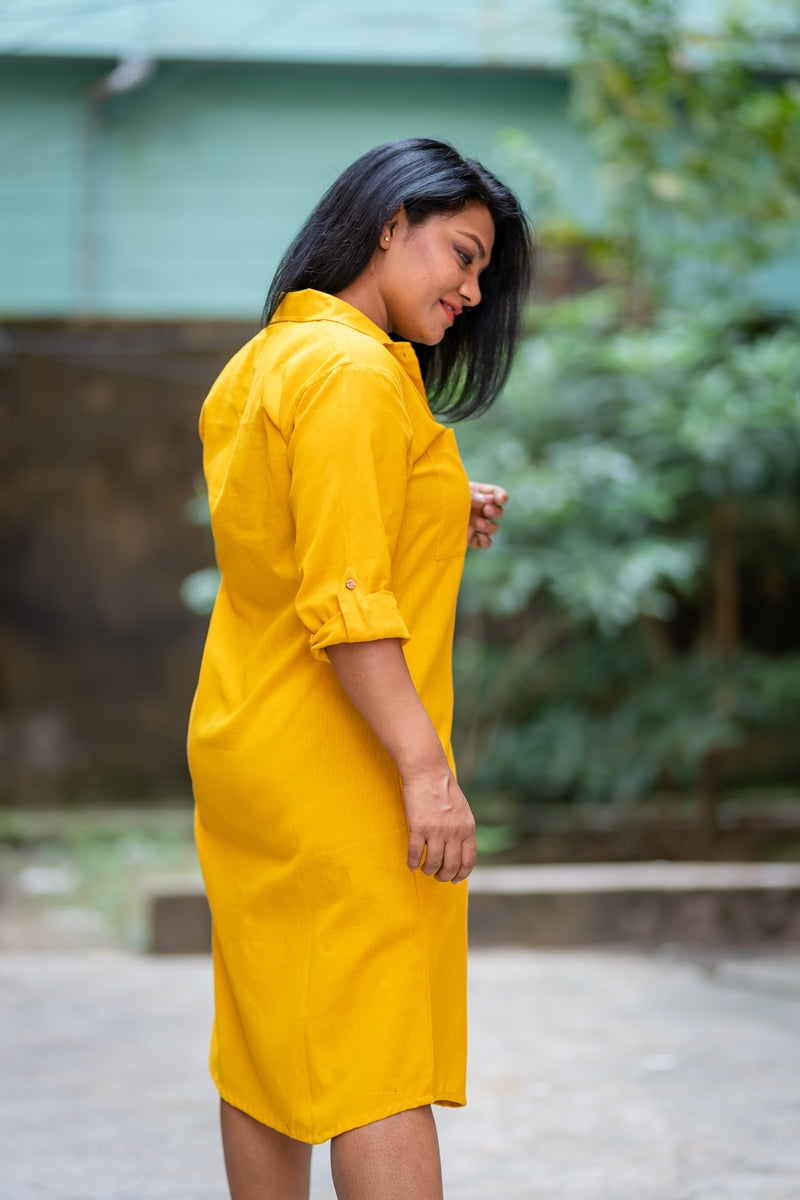 Yellow Handloom Cotton Shirt Dress