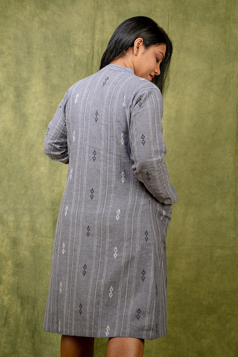 Itr Grey Handloom Cotton Hand Woven Longline Jacket