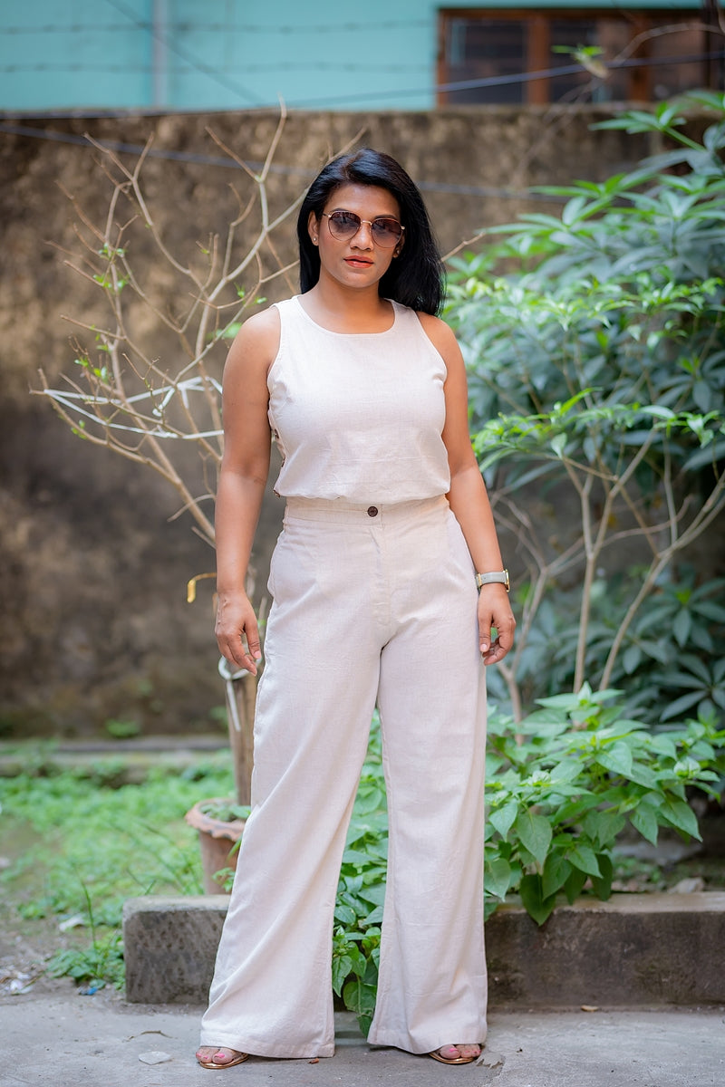 Masakali Co-Ord Set Kora Handloom Cotton Cream Shell Top and Wide Leg Pants