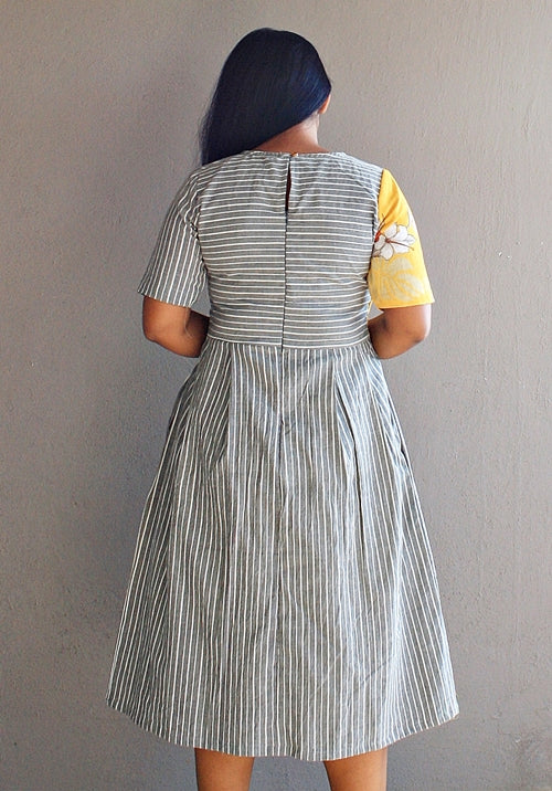 Yellow and Grey Stripped Midi Dress