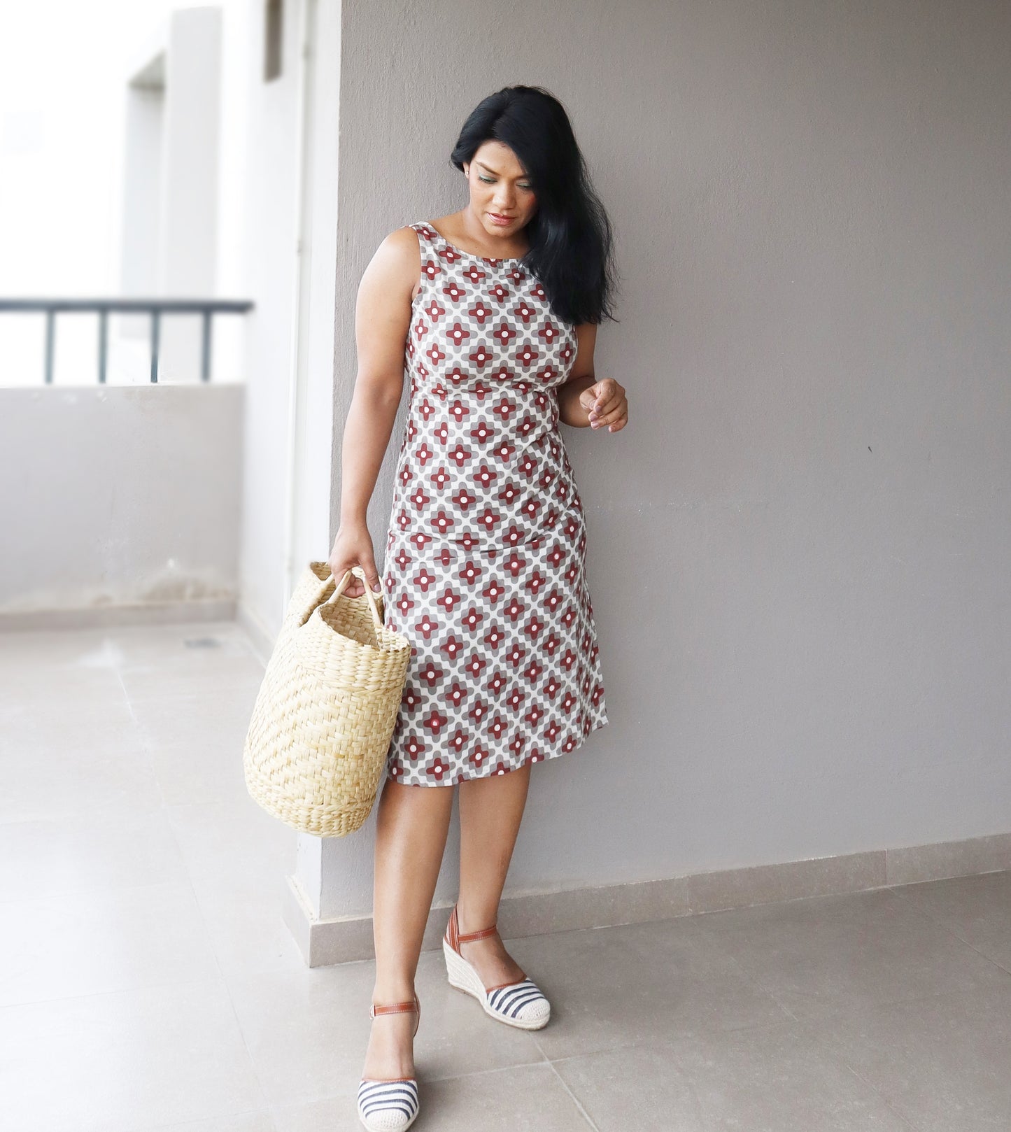 Grey and Maroon Cotton Sheath Dress