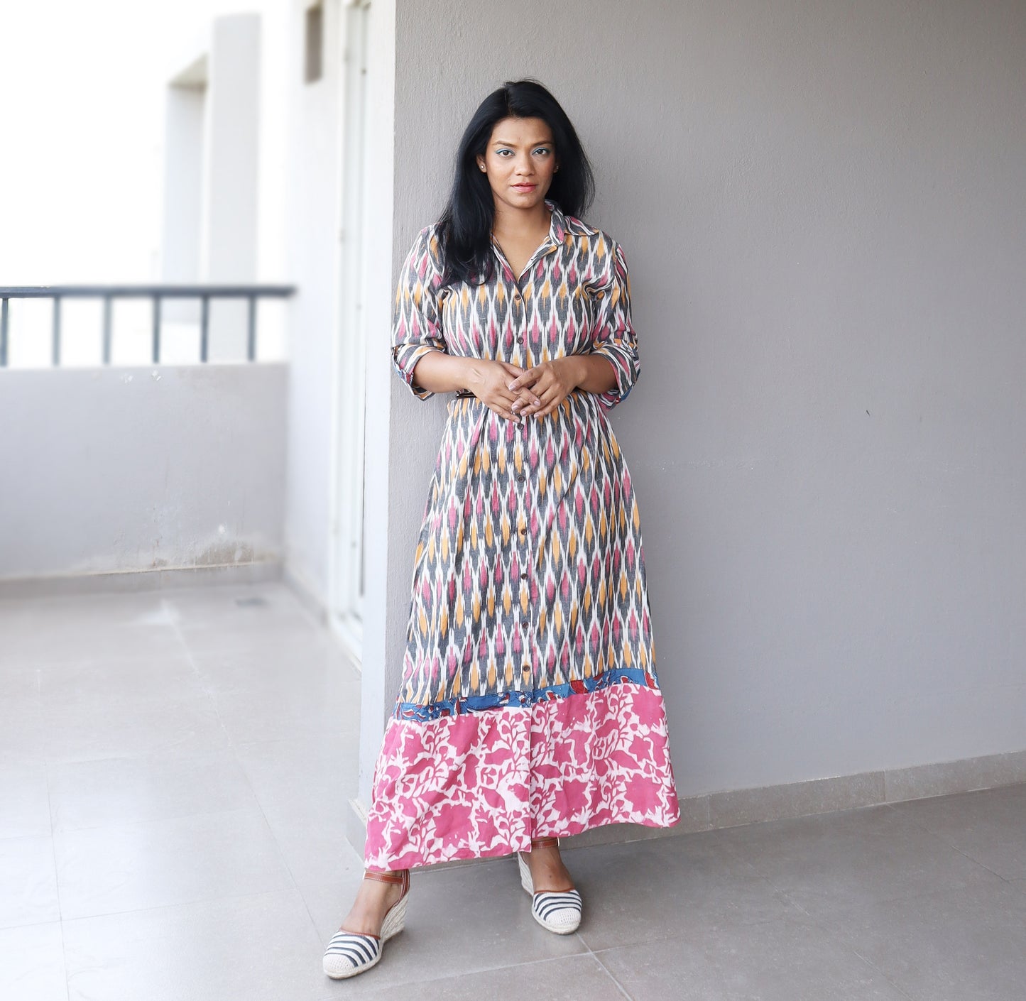 Pink and Grey Ikat Cotton Maxi Dress