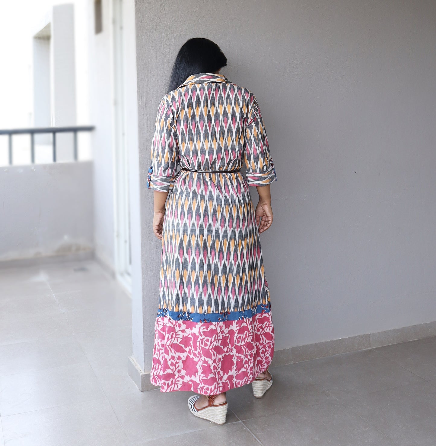 Pink and Grey Ikat Cotton Maxi Dress