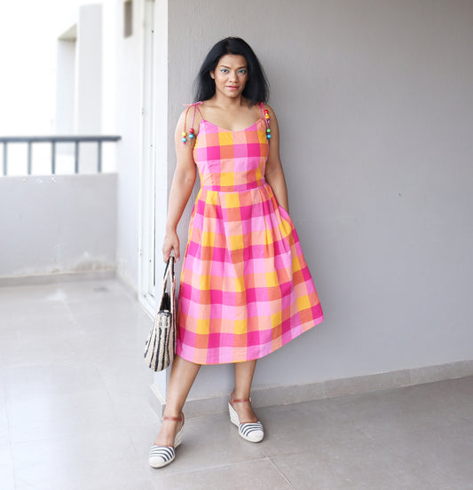 Pink Checkered Midi Dress with Straps