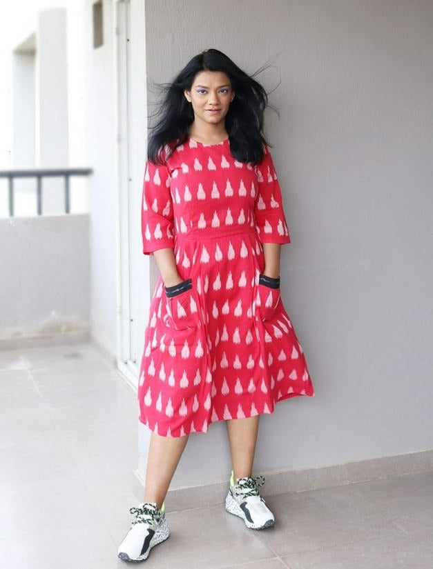 Laal Paakhi Red Handwoven Ikat Cotton Midi Dress