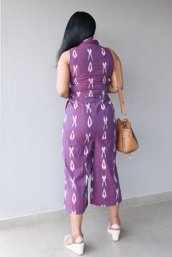 Purple Ikat Cotton Cropped Jumpsuit