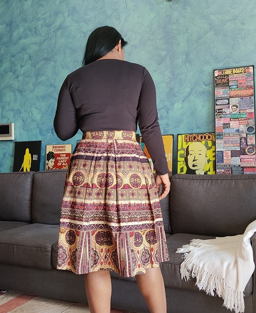Brown Printed Cotton Box Pleated Midi Skirt