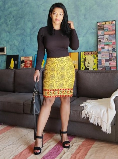 Yellow Warli Printed Handloom Cotton Pencil Skirt