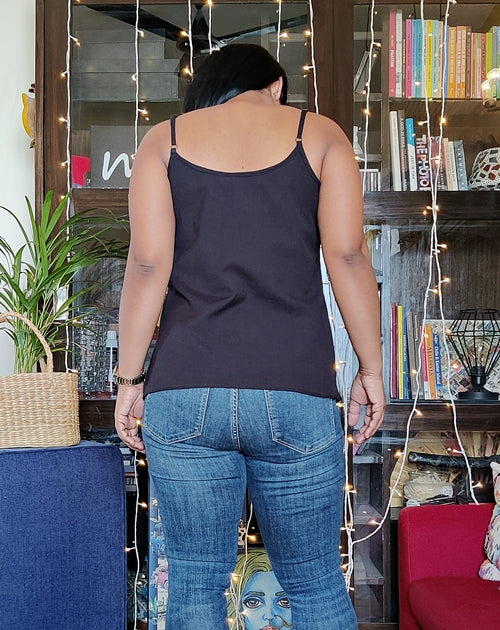 Black Cotton Linen Spaghetti A Line Top