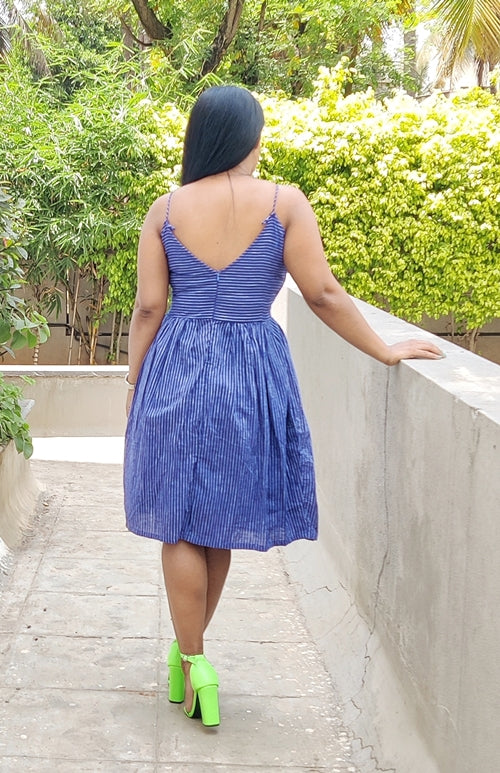 Indigo Stripped Spaghetti Strap Fit and Flare Handloom Cotton Dress