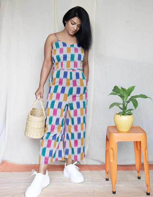 Grey Ikat Cotton Cropped Jumpsuit