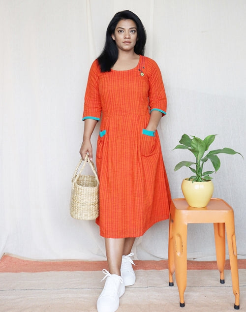 Tangerine Handloom Cotton Midi Dress