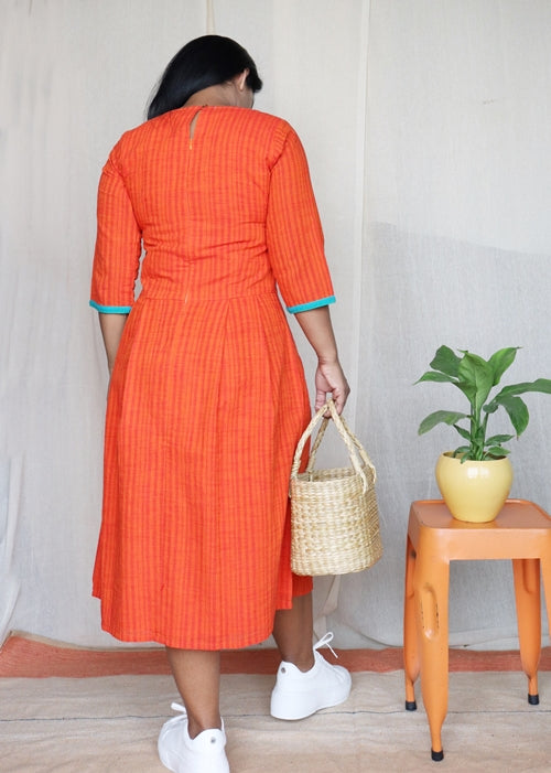 Tangerine Handloom Cotton Midi Dress