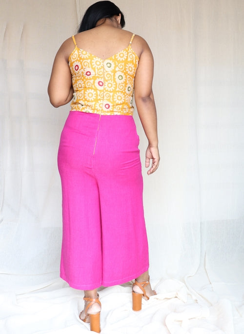 Yellow Batik Silk and Purple Linen Cotton Cropped Jumpsuit