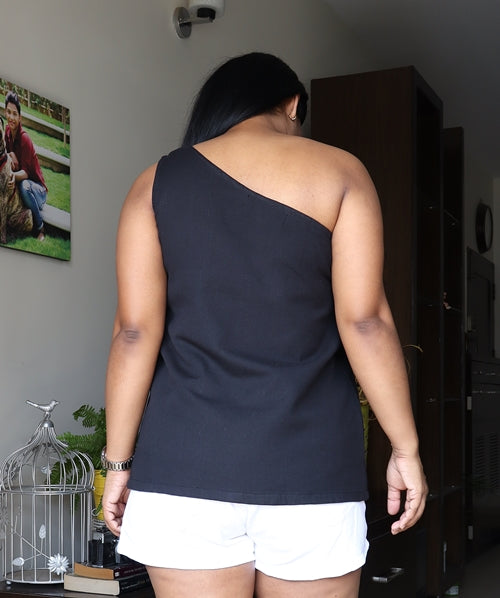 Black Cotton One Shoulder A Line Top