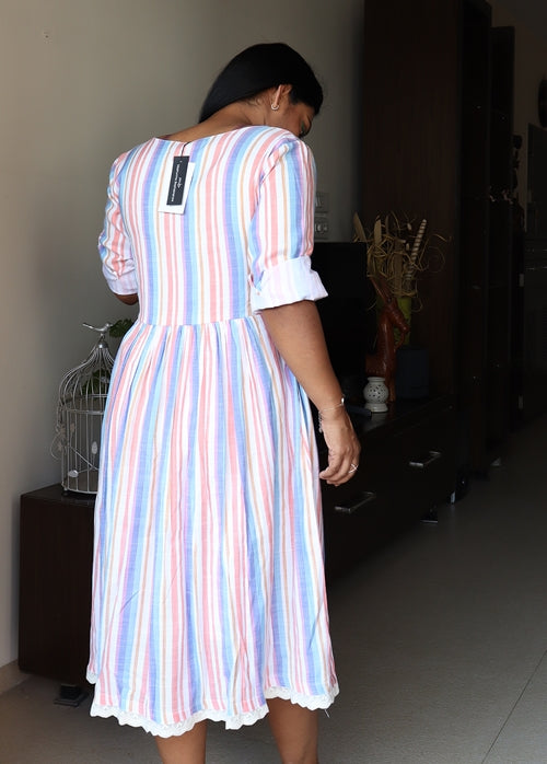Multi Colored Stripped Cotton Midi Dress with Crochet Lace