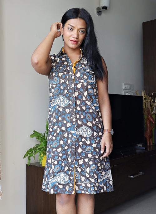 Blue Grey Printed Kalamkari Shirt Dress