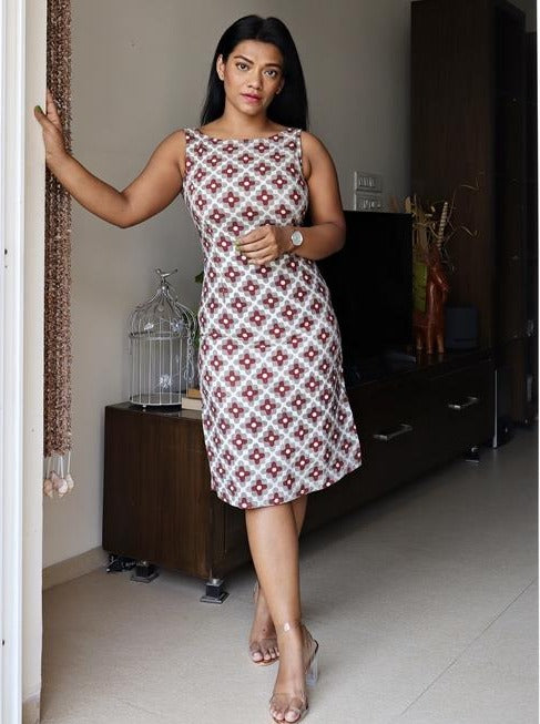 Grey and Maroon Cotton Sheath Dress