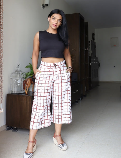 Off White and Maroon Wide Leg Cotton Cropped Pants