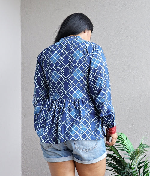 Indigo Block Printed Fit and Flare Cotton Top
