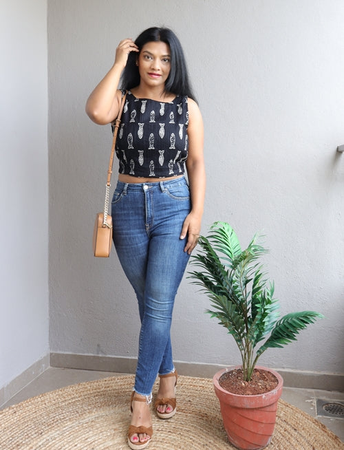 Black Fish Printed Handloom Crop Top (Blouse)