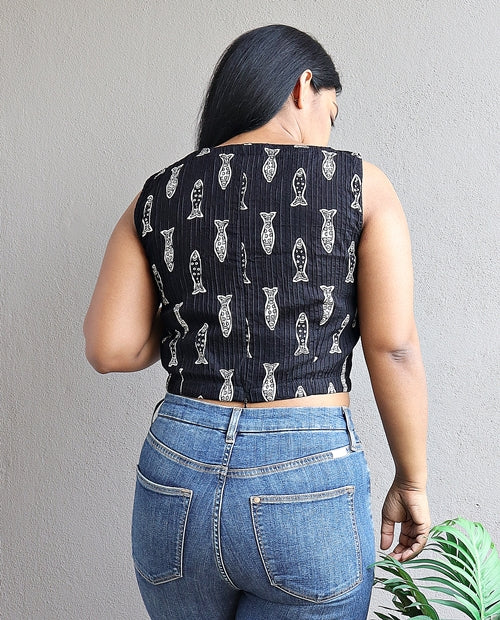 Black Fish Printed Handloom Crop Top (Blouse)