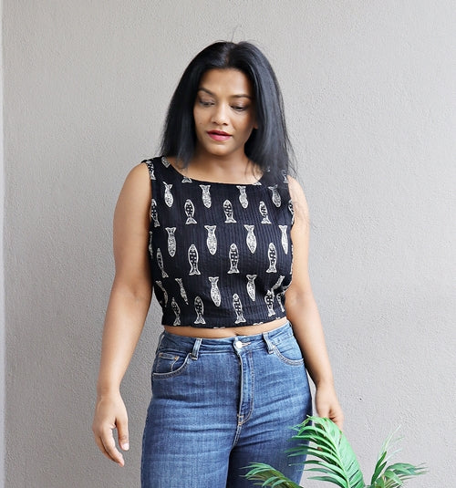 Black Fish Printed Handloom Crop Top (Blouse)
