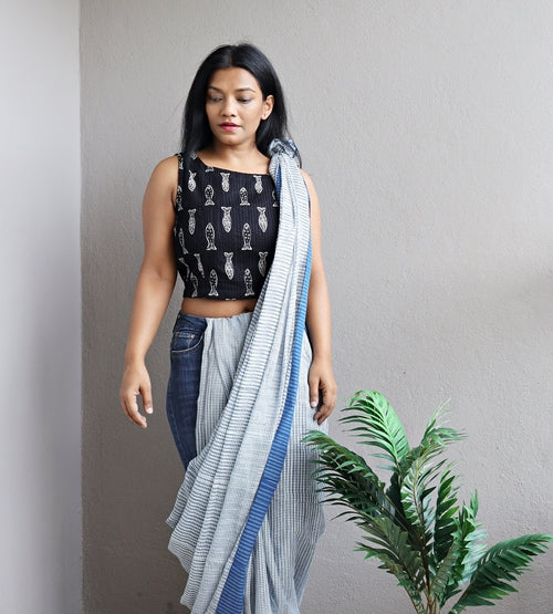 Black Fish Printed Handloom Crop Top (Blouse)