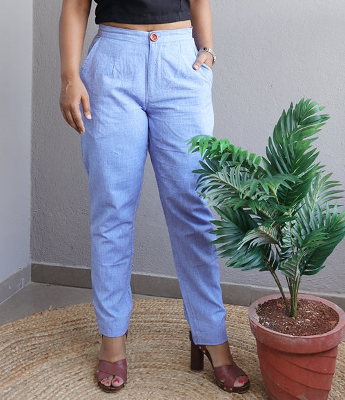 Light Blue Linen Cotton Straight Leg Pants