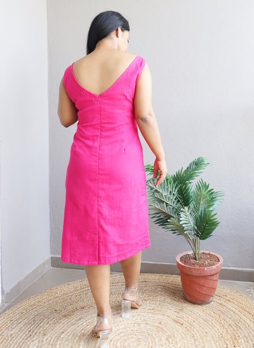 Hot Pink Handloom Cotton V Back Sheath Dress