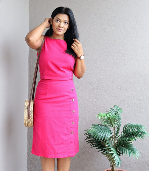Hot Pink Crop Top and Pencil Skirt Handloom Cotton